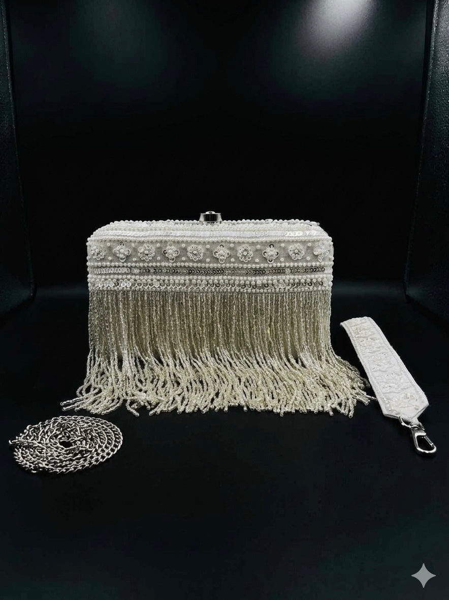 Silver Fringe Silk Clutch