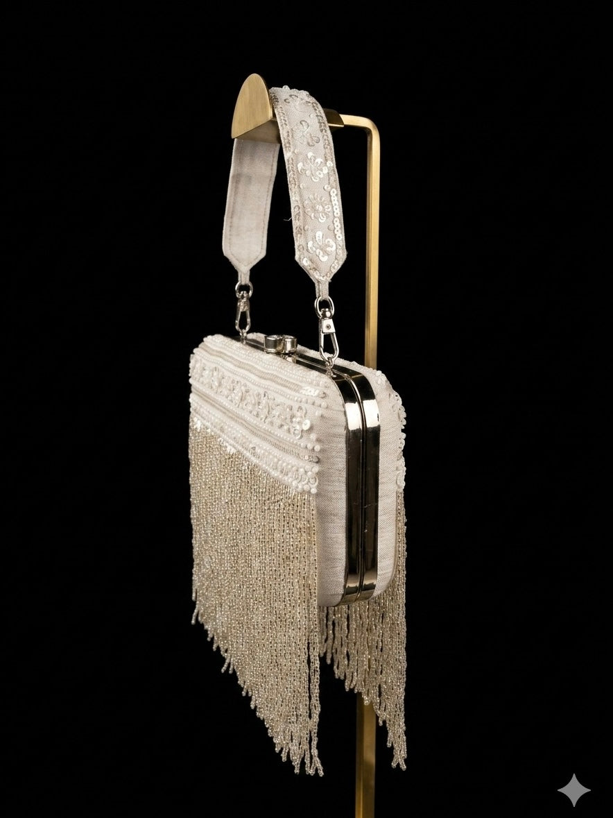 Silver Fringe Silk Clutch