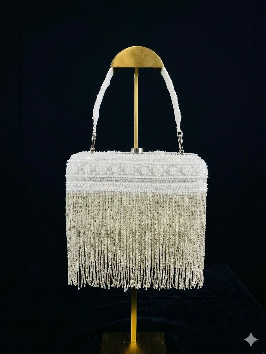 Silver Fringe Silk Clutch
