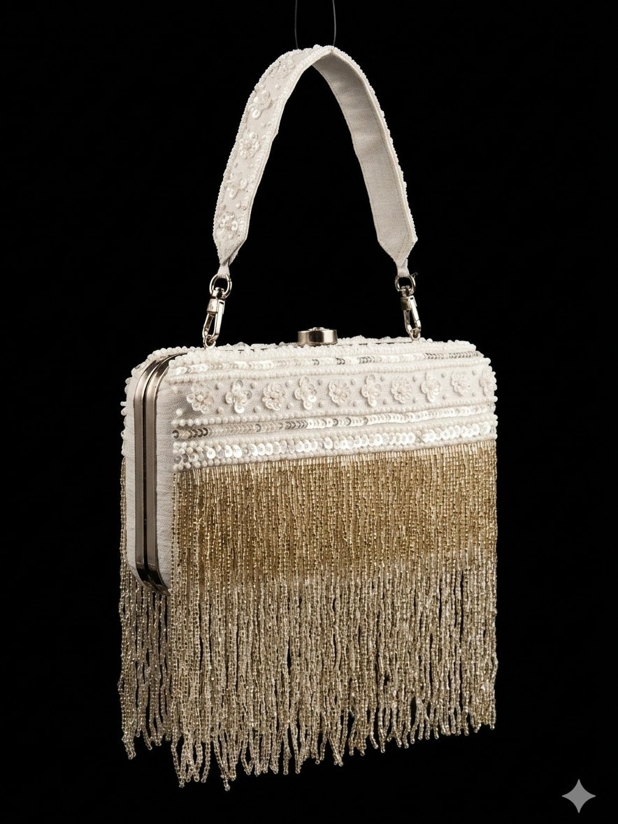 Silver Fringe Silk Clutch