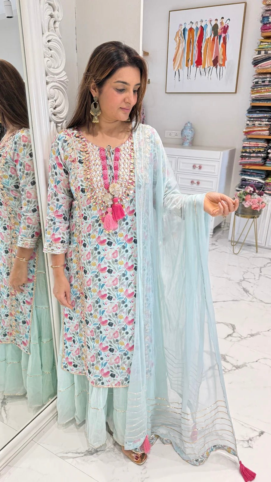 Sky-Blue Floral Gown Set