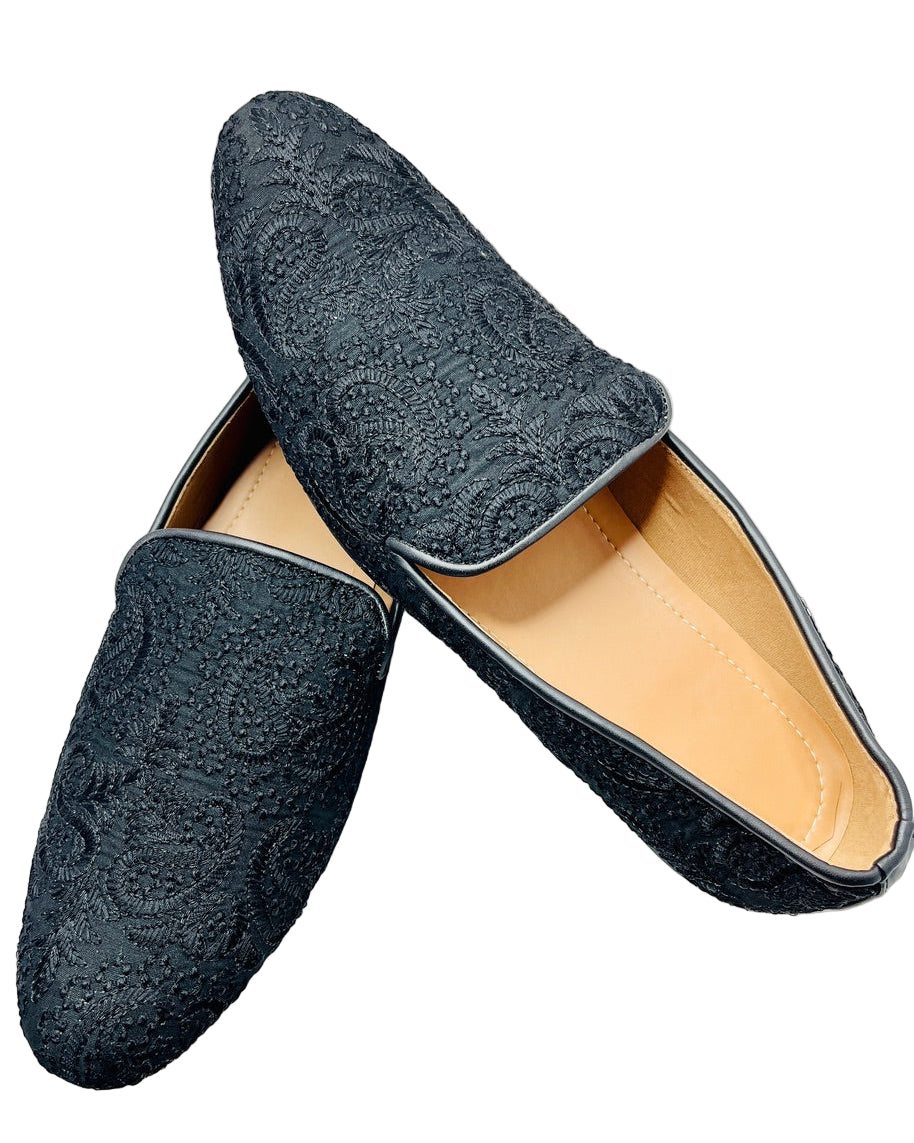 Fancy Black Silk Embroidered Shoes