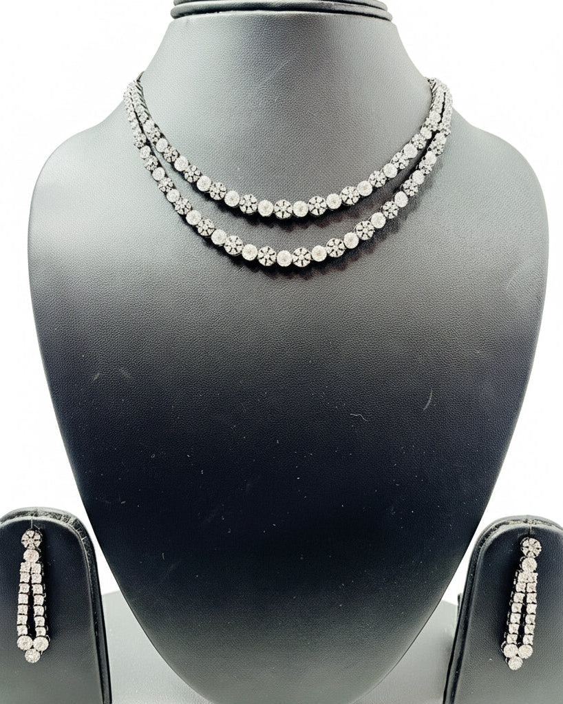 Double-Layered American Diamond Silver Necklace Set