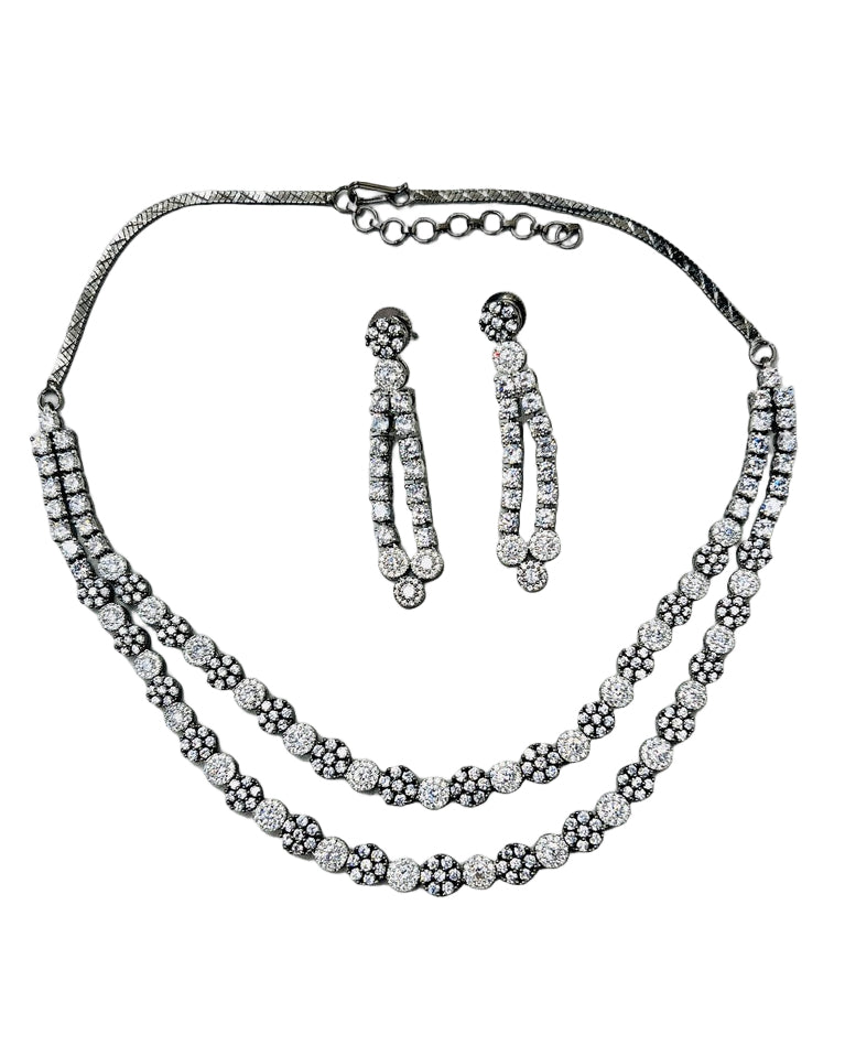 Double-Layered American Diamond Silver Necklace Set