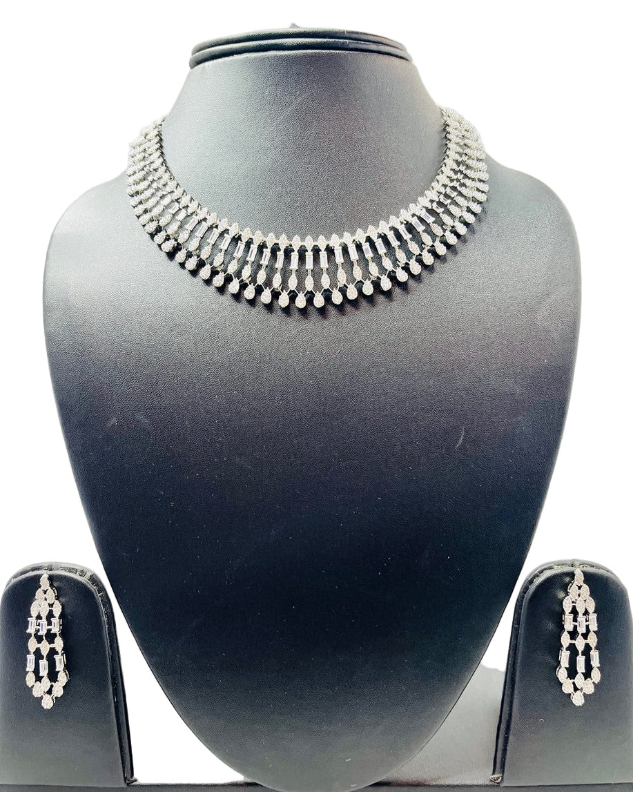 Silver American Diamond Necklace and Earring Set