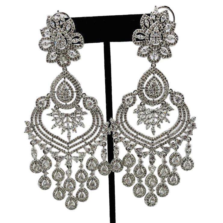 Fancy Rhinestone and Kundan Silver Finish Earrings