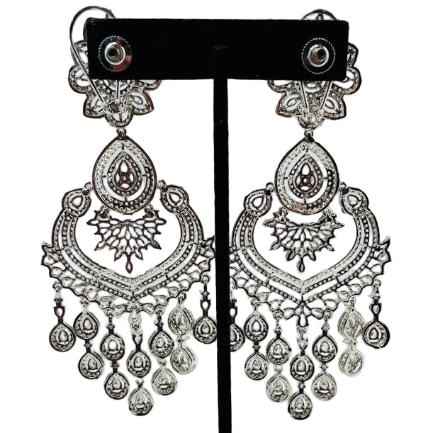 Fancy Rhinestone and Kundan Silver Finish Earrings