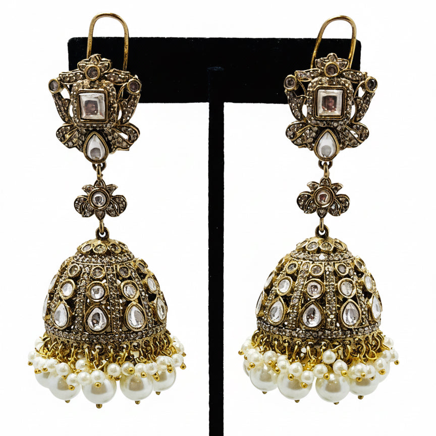 Jhumki Style Pearl and Kundan Earrings