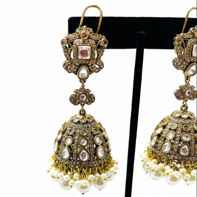 Jhumki Style Pearl and Kundan Earrings