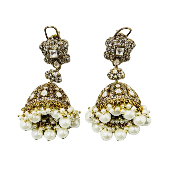 Jhumki Style Pearl and Kundan Earrings