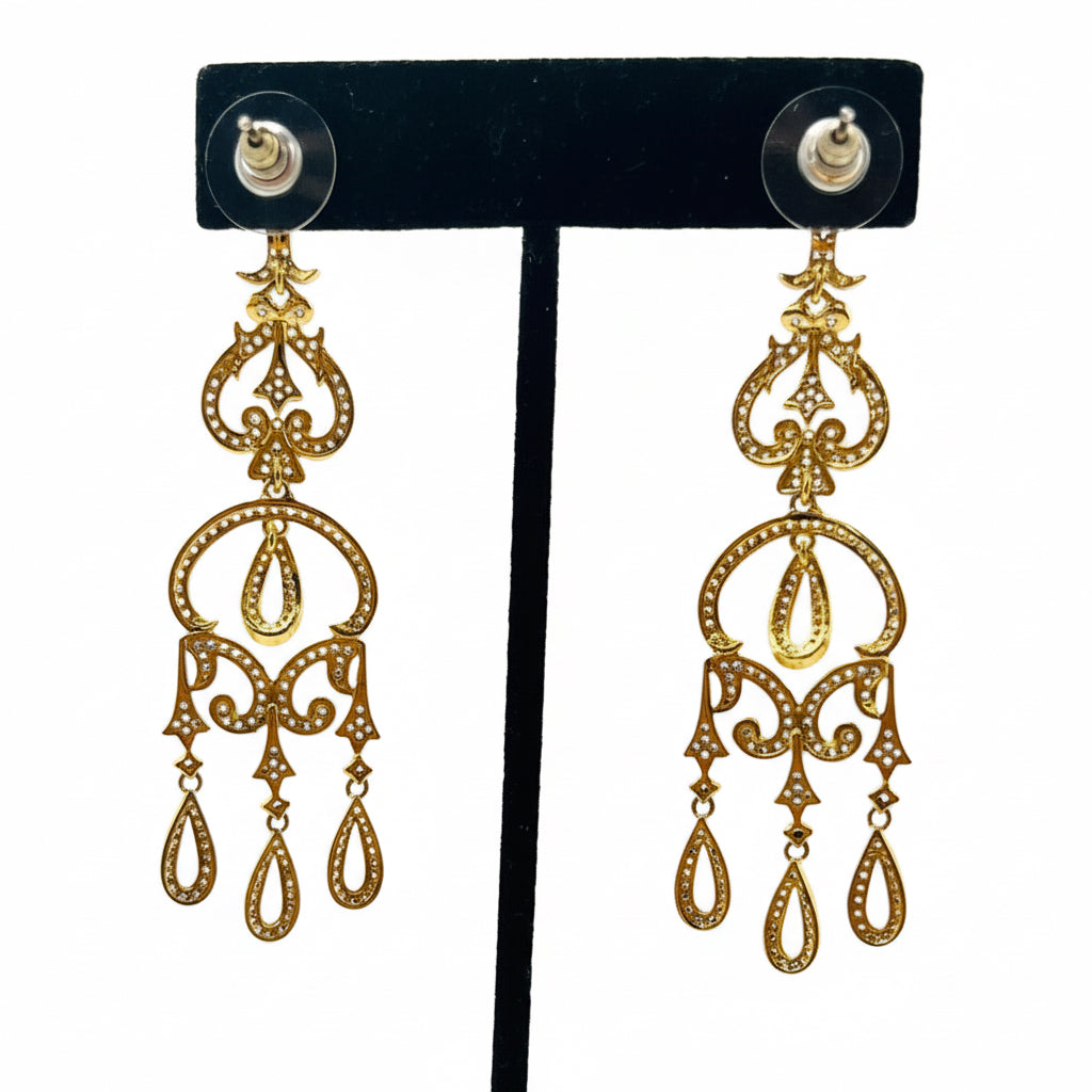 Gold Rhinestone Drop-Down Earrings