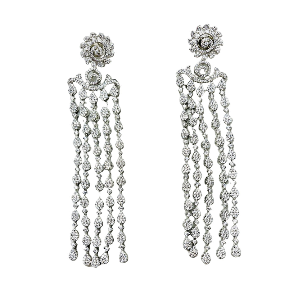 Fancy Silver Drop-Down Rhinestone Earrings