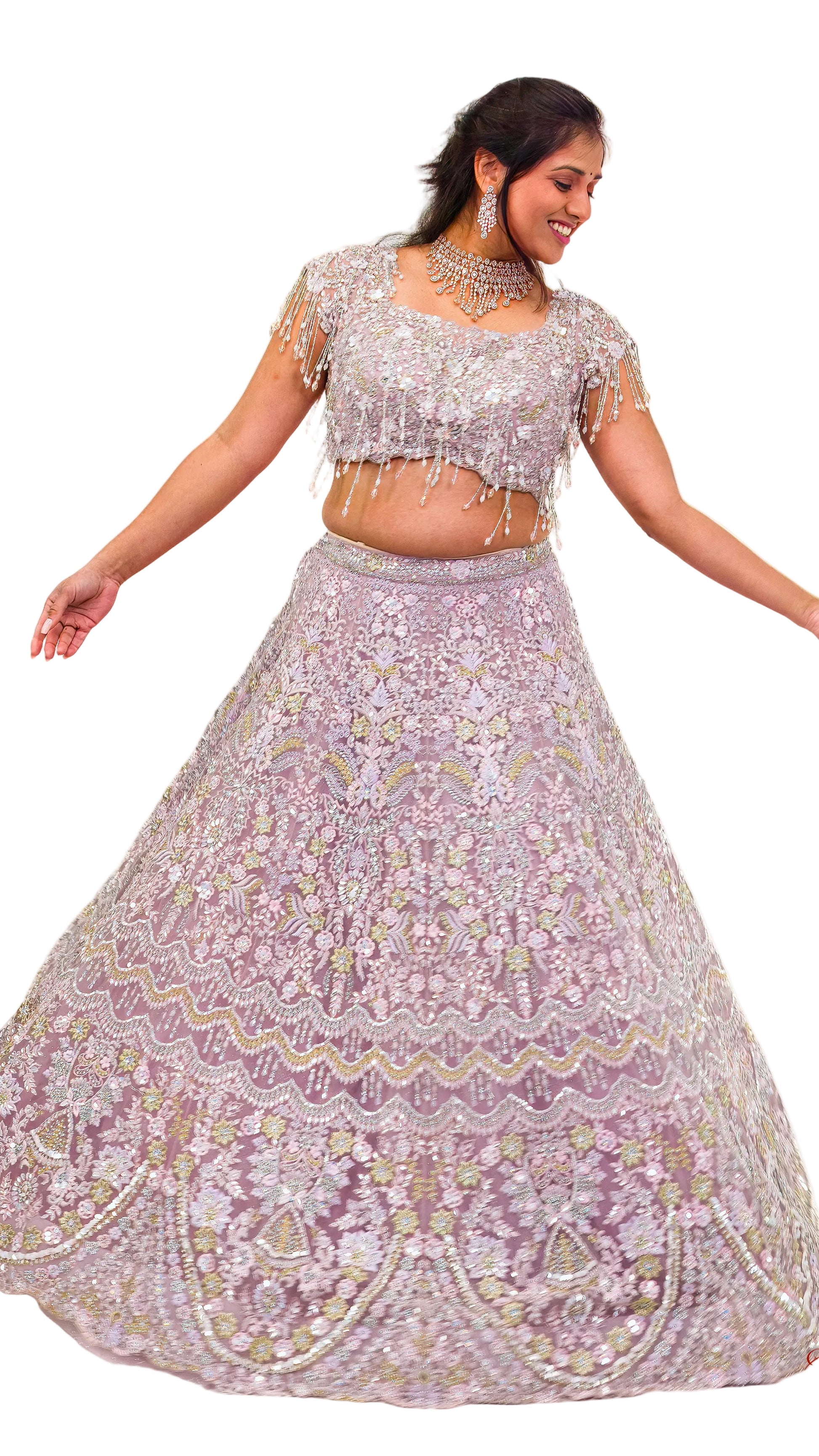 Light Lavender Bridal Lehnga with Beaded Fringe