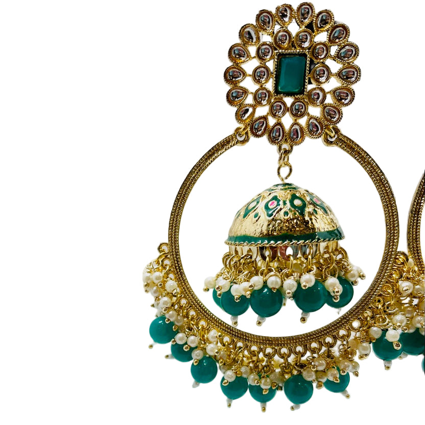 Fancy Green & Gold Jhumka Earrings