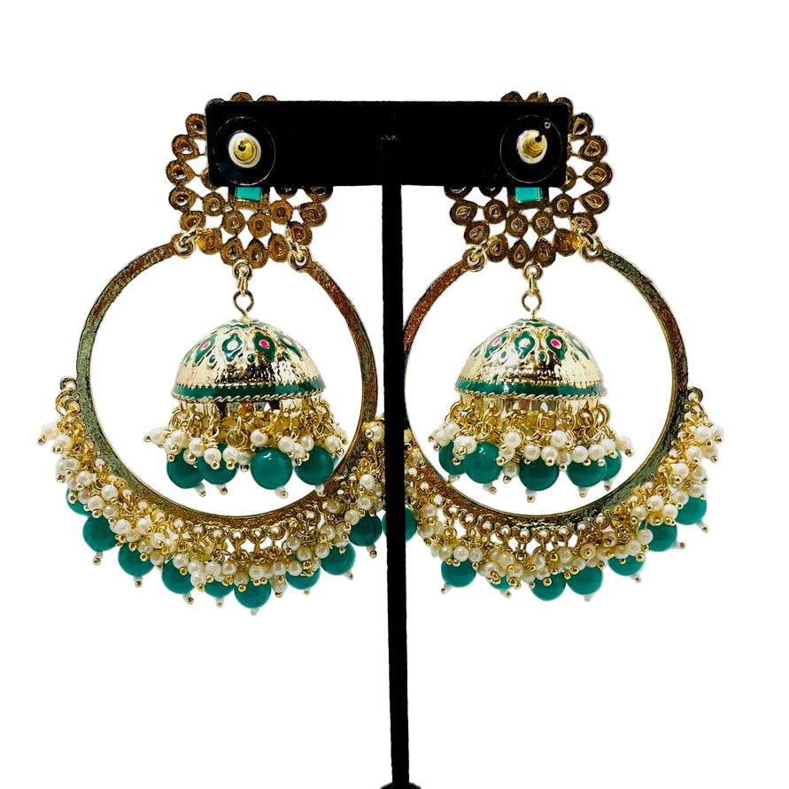 Fancy Green & Gold Jhumka Earrings