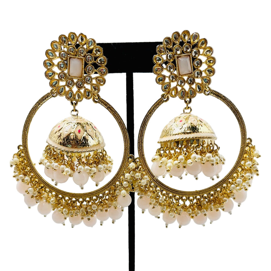 Fancy Gold & Light Pink Jhumka Earrings
