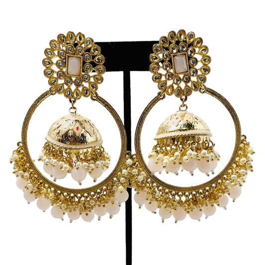 Fancy Gold & Light Pink Jhumka Earrings