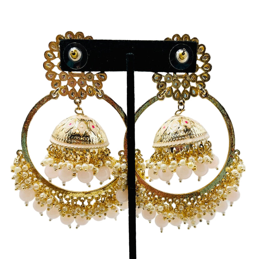 Fancy Gold & Light Pink Jhumka Earrings