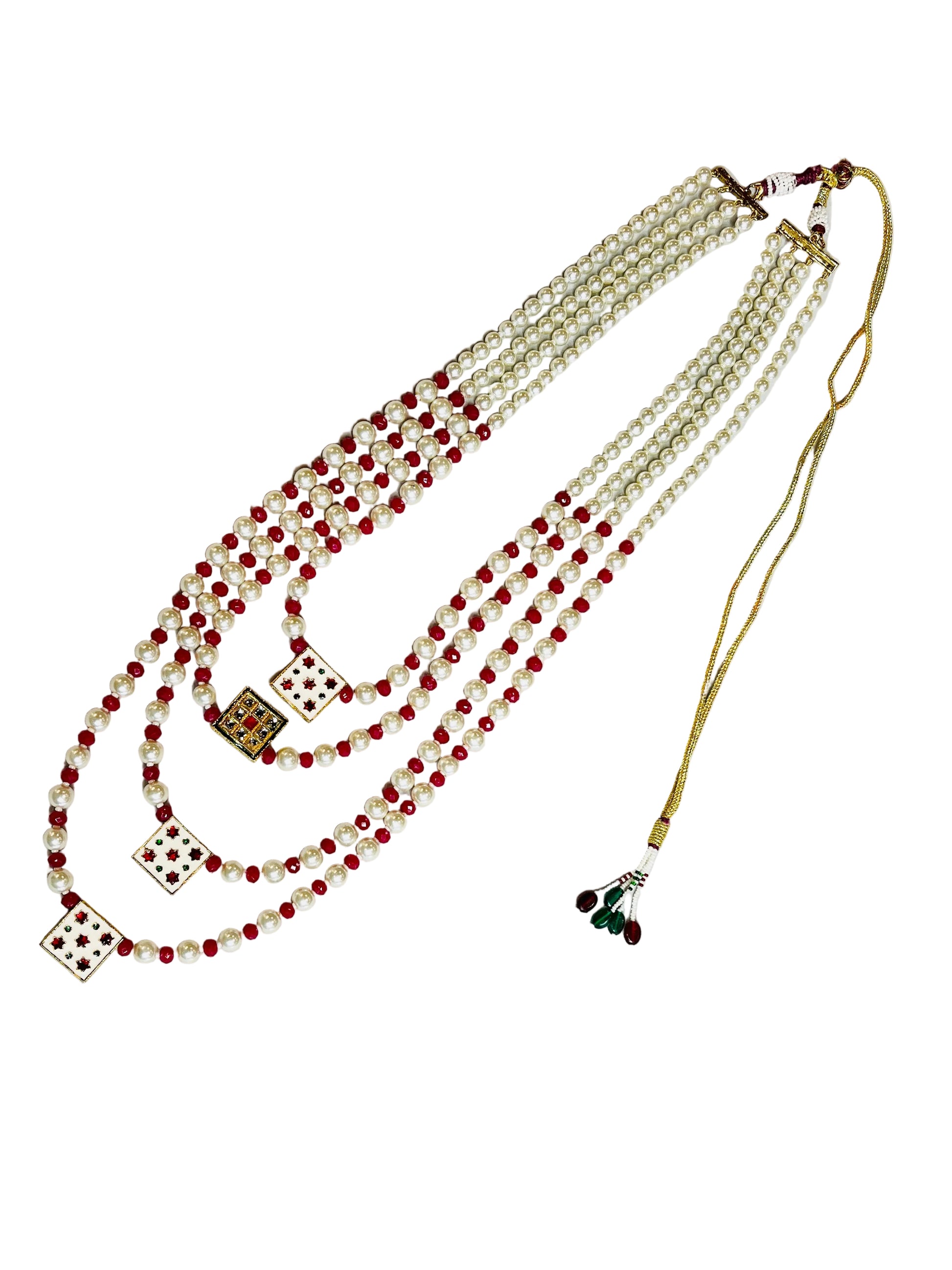 4-Layered Cream & Red Pearl Necklace For Groom