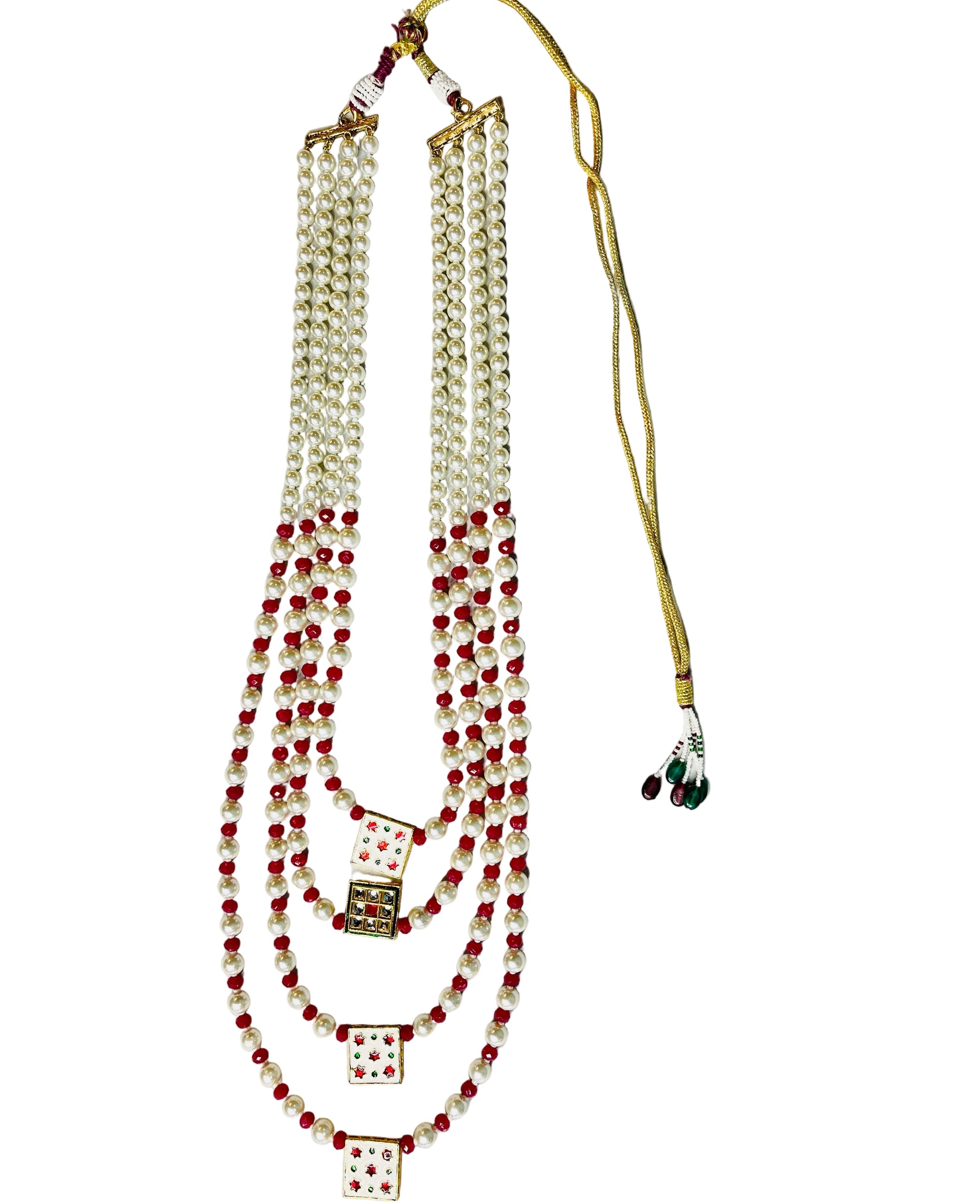4-Layered Cream & Red Pearl Necklace For Groom
