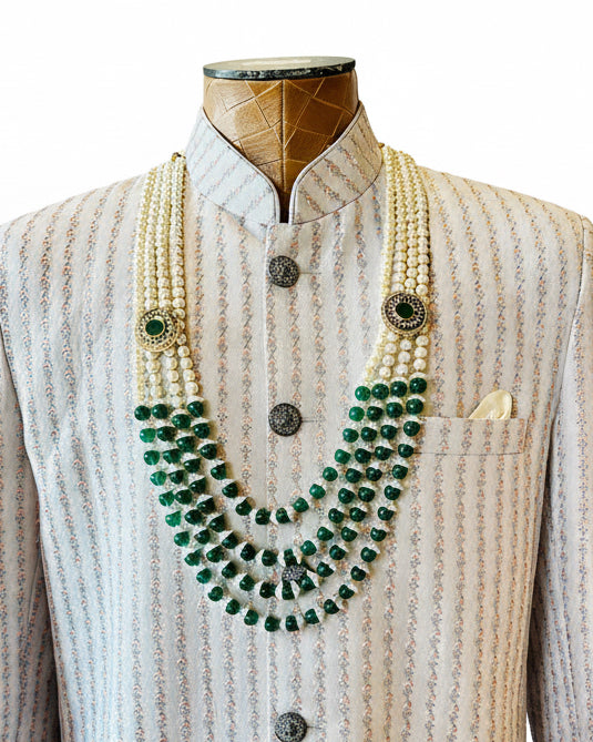 4-Layered Pearl & Green Necklace For Groom