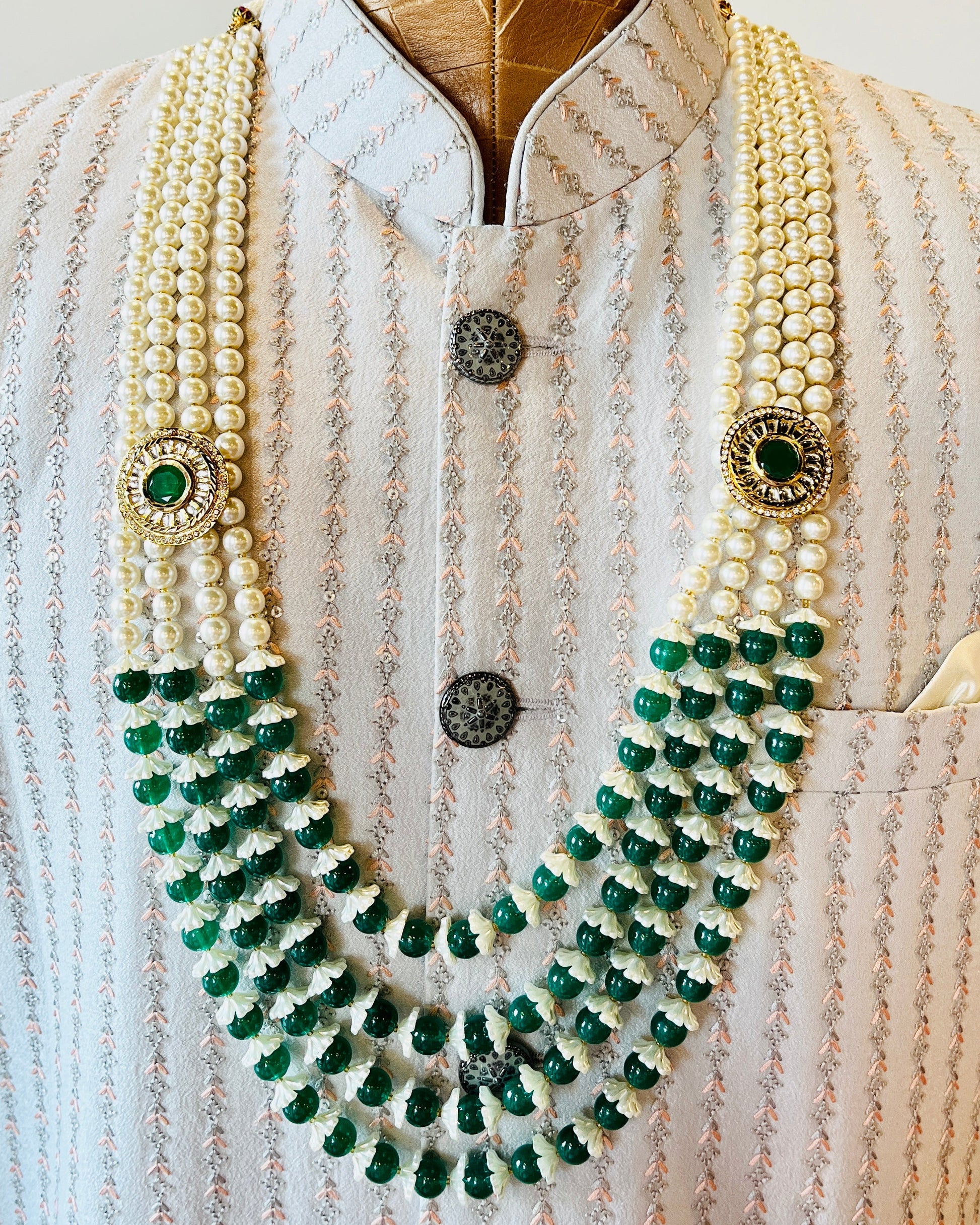 4-Layered Pearl & Green Necklace For Groom