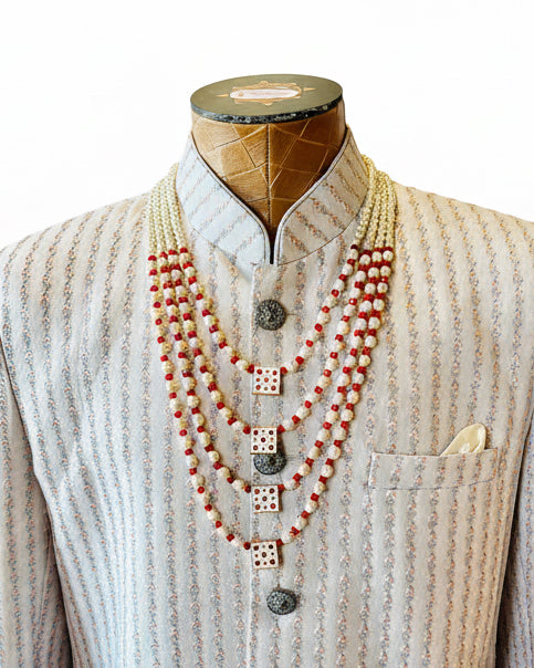 4-Layered Cream & Red Pearl Necklace For Groom
