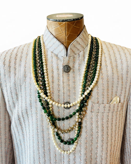 5-Layered Cream & Green Pearl Set For Groom