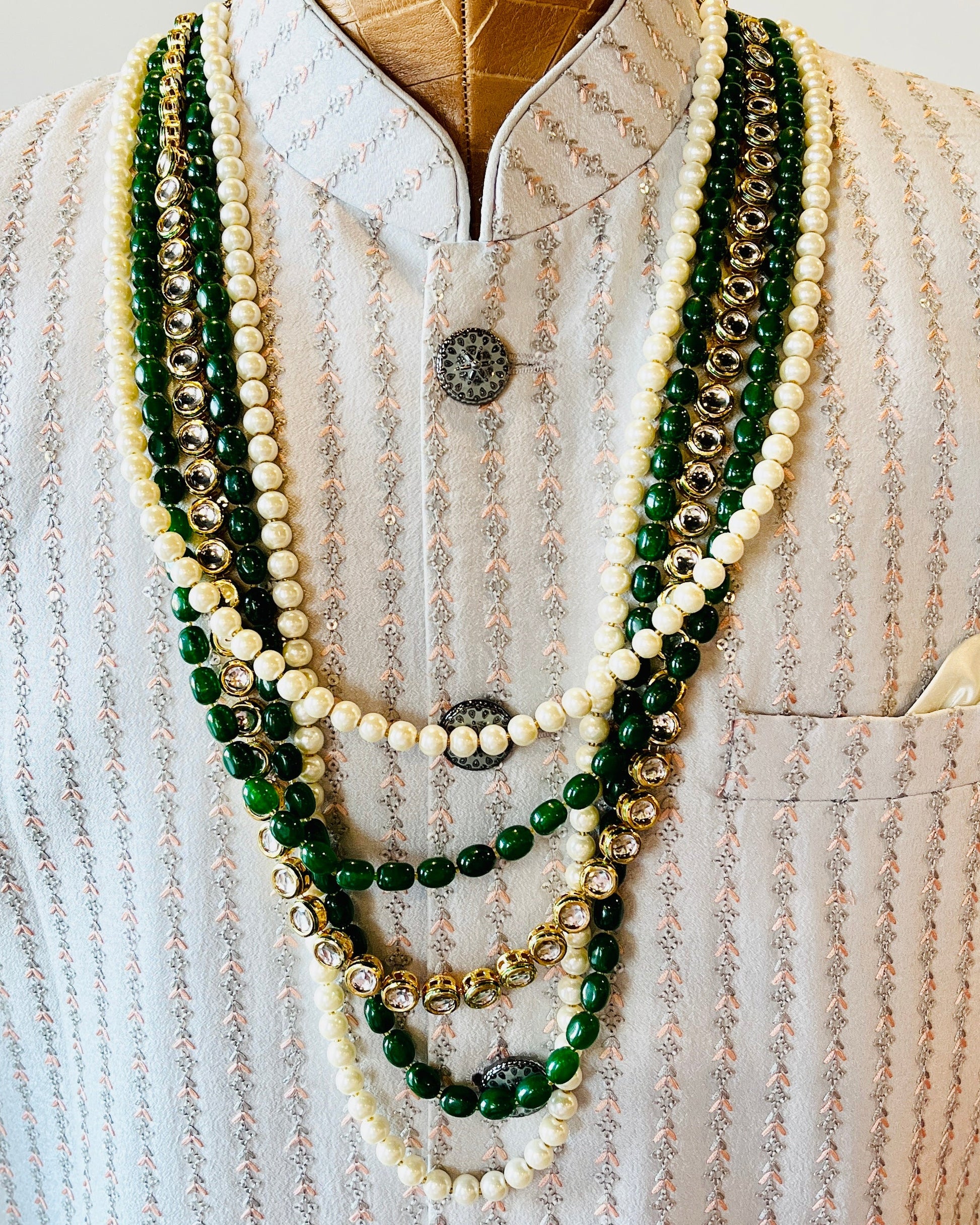 5-Layered Cream & Green Pearl Set For Groom