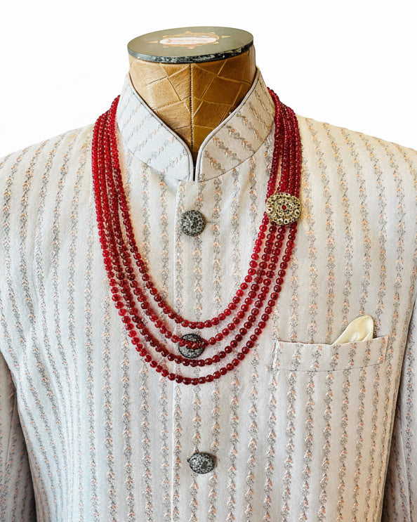 4-Layered Fancy Maroon Beads Set For Groom