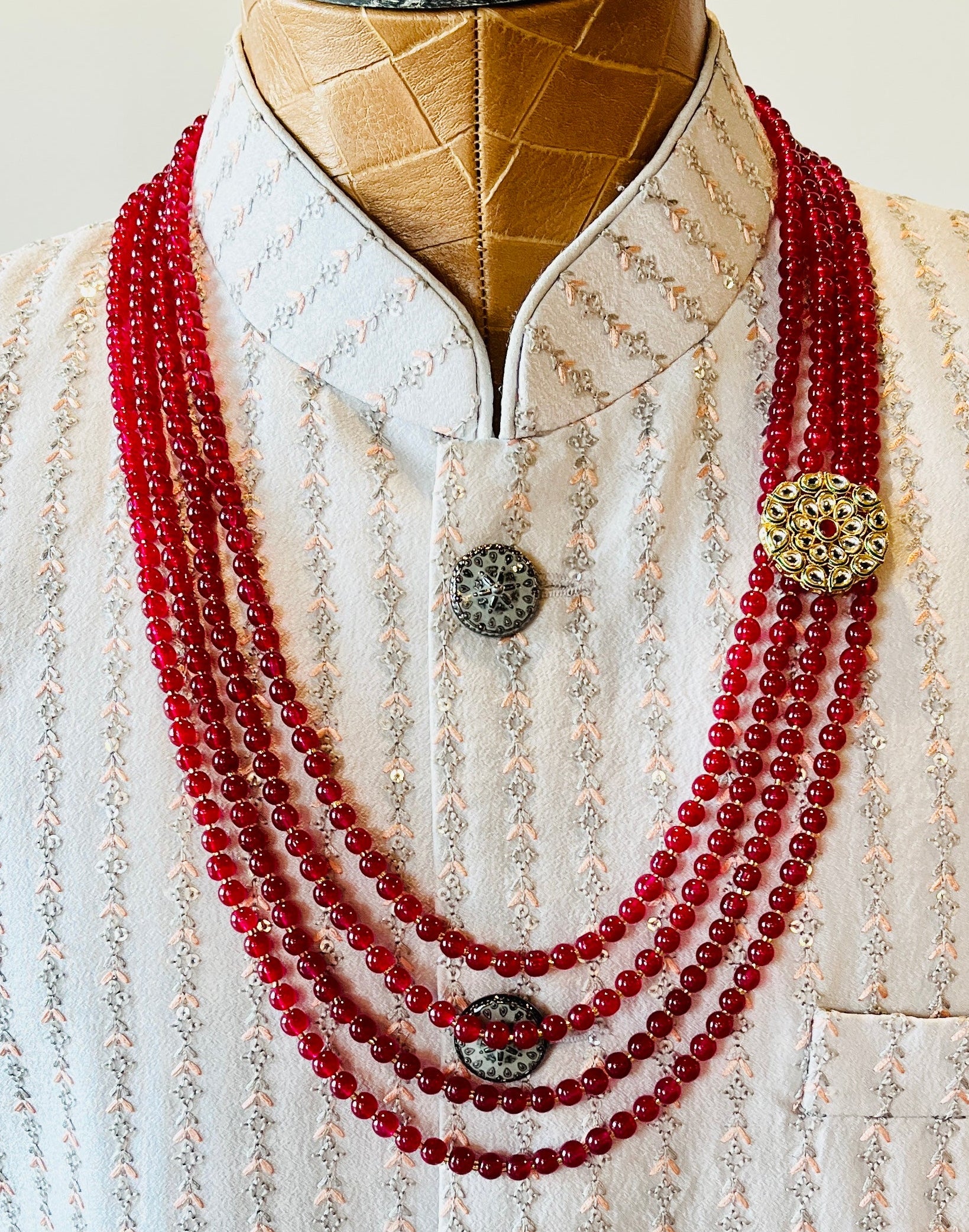 4-Layered Fancy Maroon Beads Set For Groom