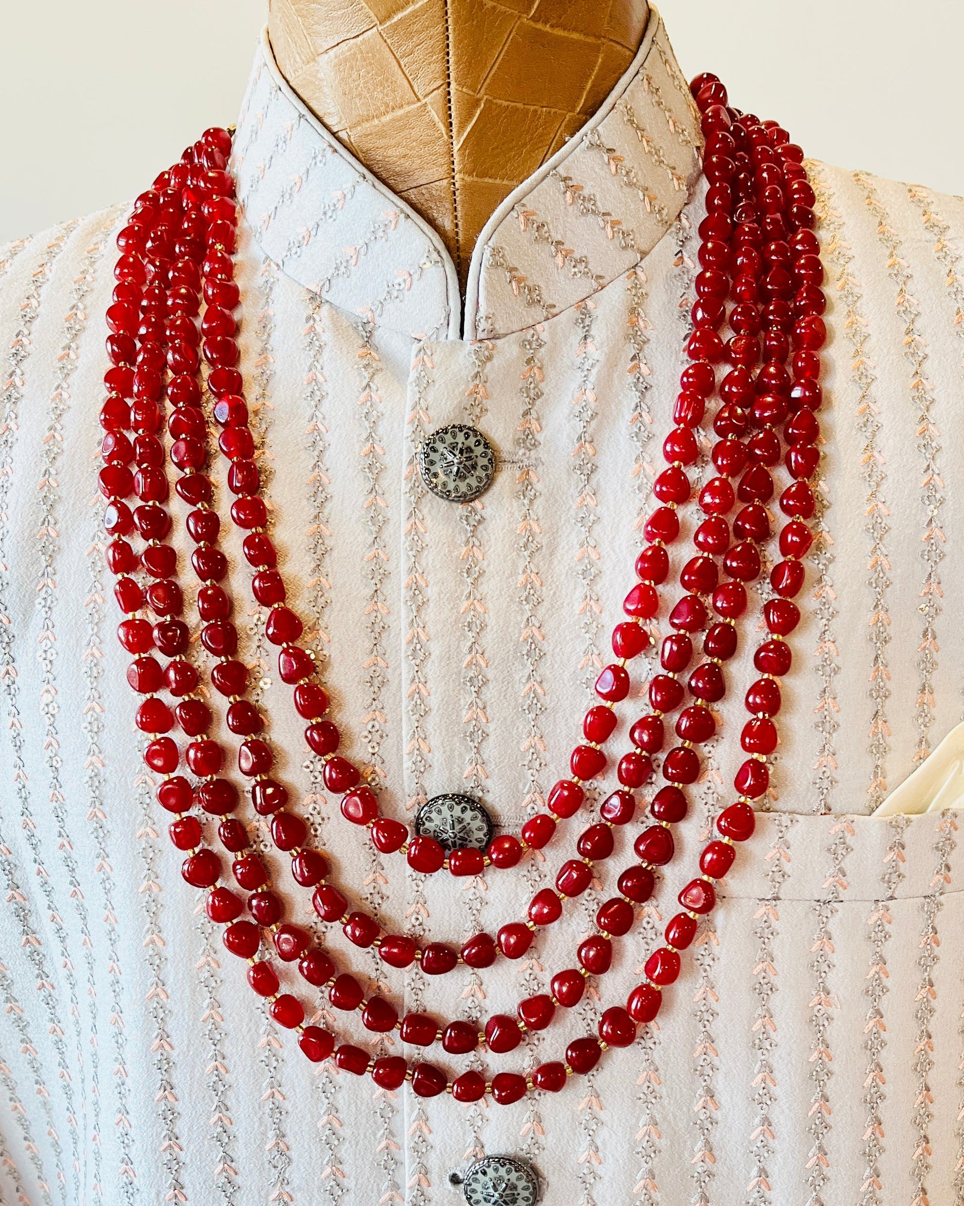 4-Layered Maroon Beads Set For Groom