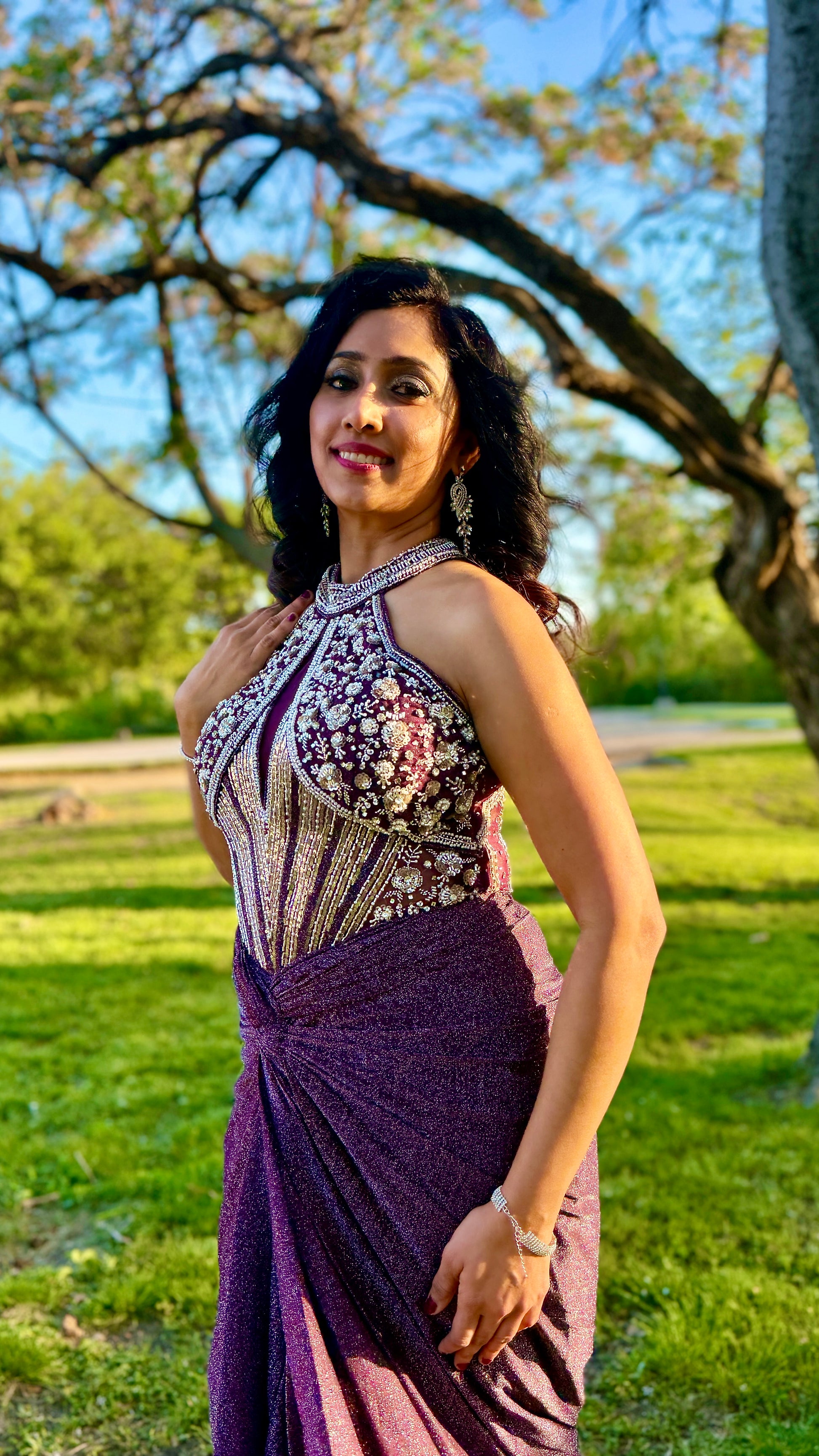 Purple and Silver Draped Gown