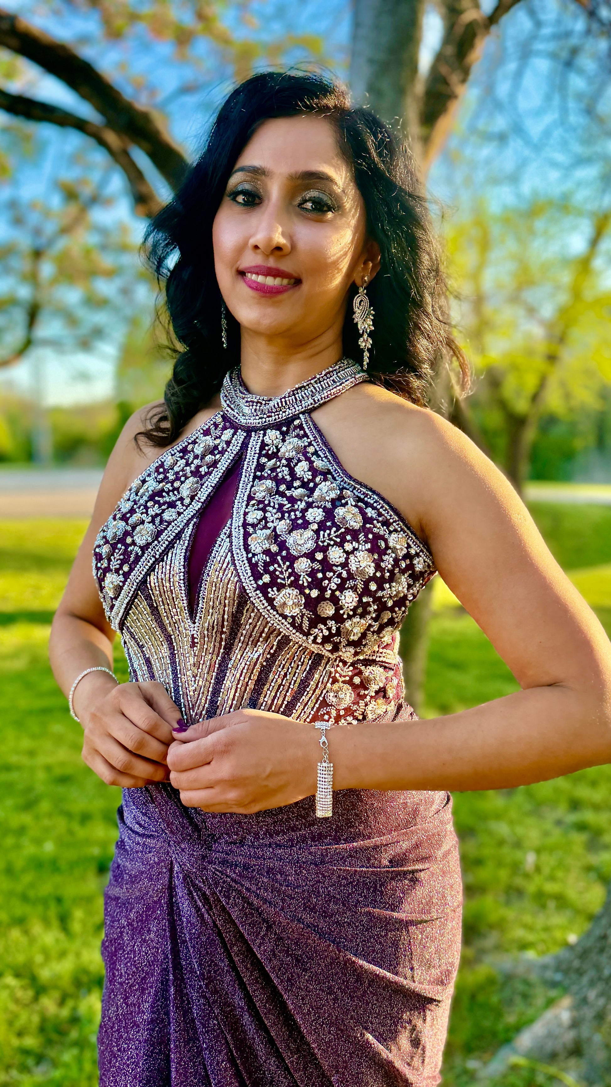 Purple and Silver Draped Gown