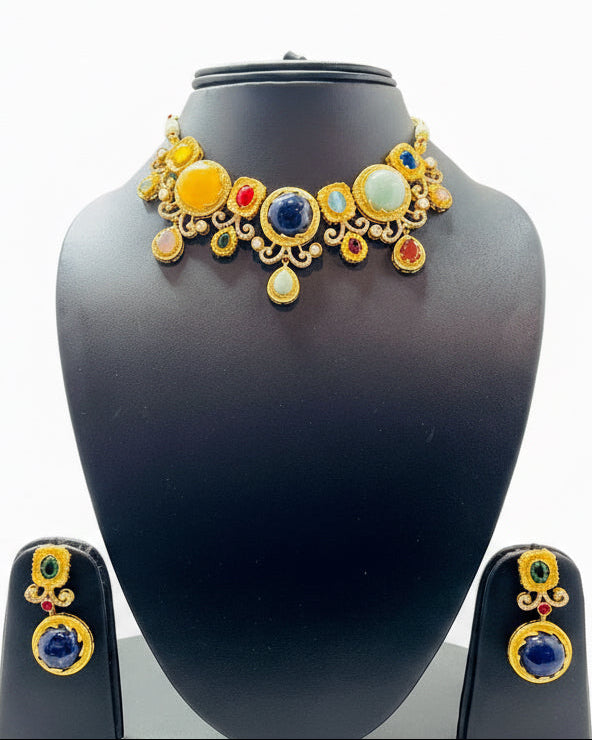 Sabyasachi Inspired Elegant Multi-Gemstone Choker Necklace Set