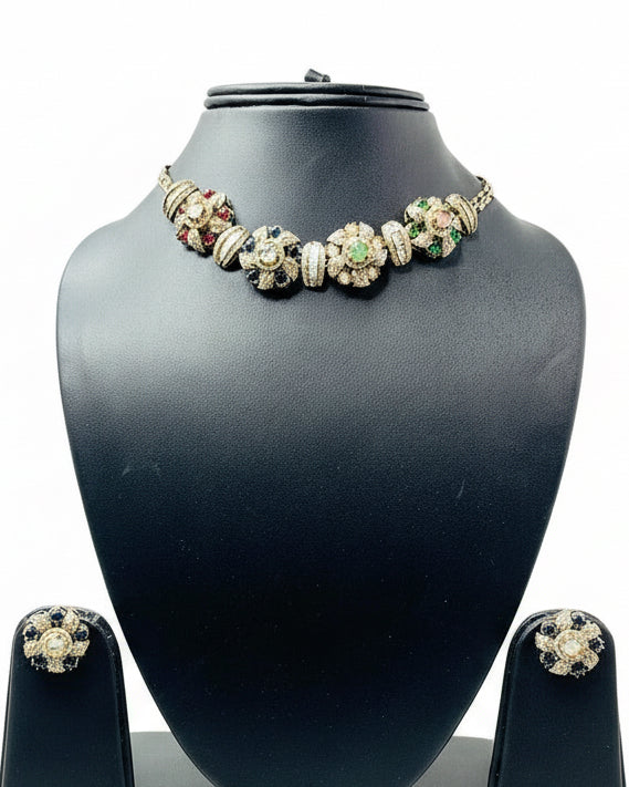 Sabyasachi Inspired Multicolored Rhinestones Necklace Set