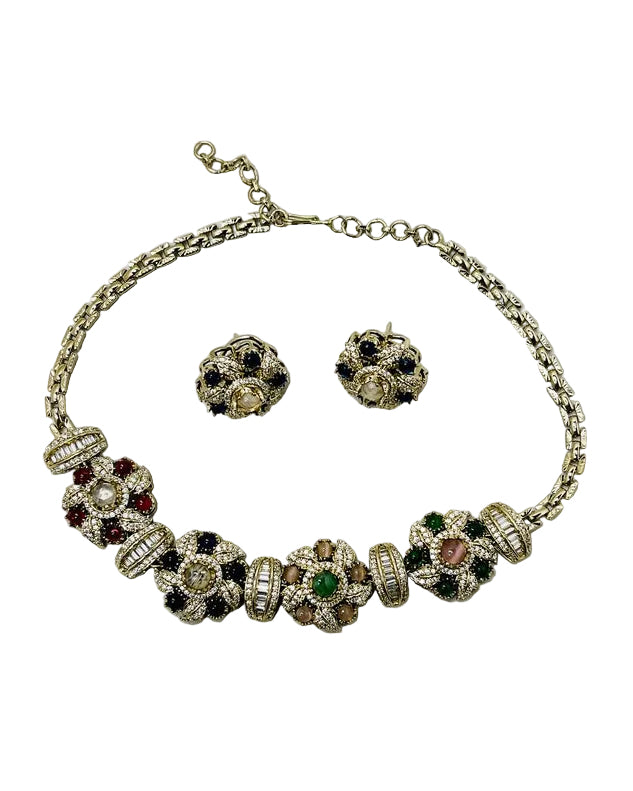 Sabyasachi Inspired Multicolored Rhinestones Necklace Set