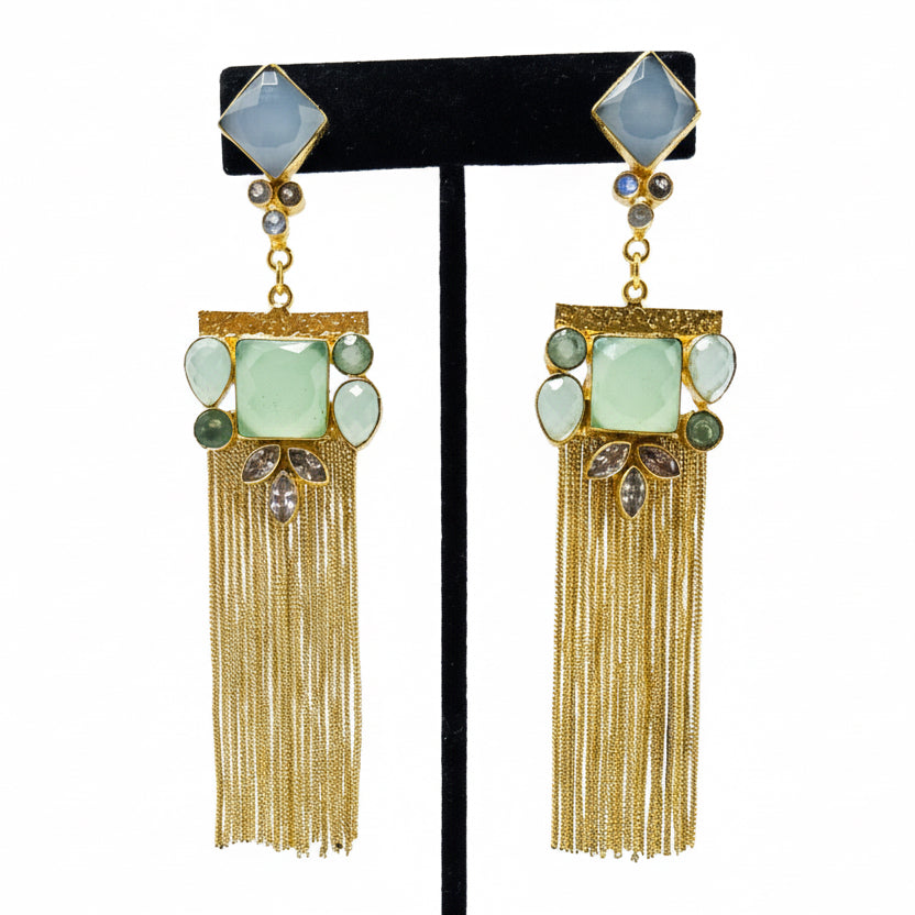 Sabyasachi Inspired Mint Green And Blue Gemstone Fringe Earrings