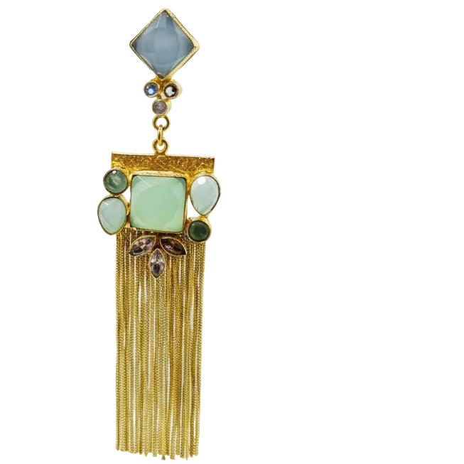 Sabyasachi Inspired Mint Green And Blue Gemstone Fringe Earrings