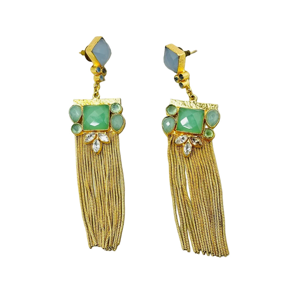 Sabyasachi Inspired Mint Green And Blue Gemstone Fringe Earrings