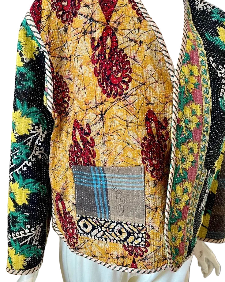 Blue & Yellow Floral Kantha Work Jacket