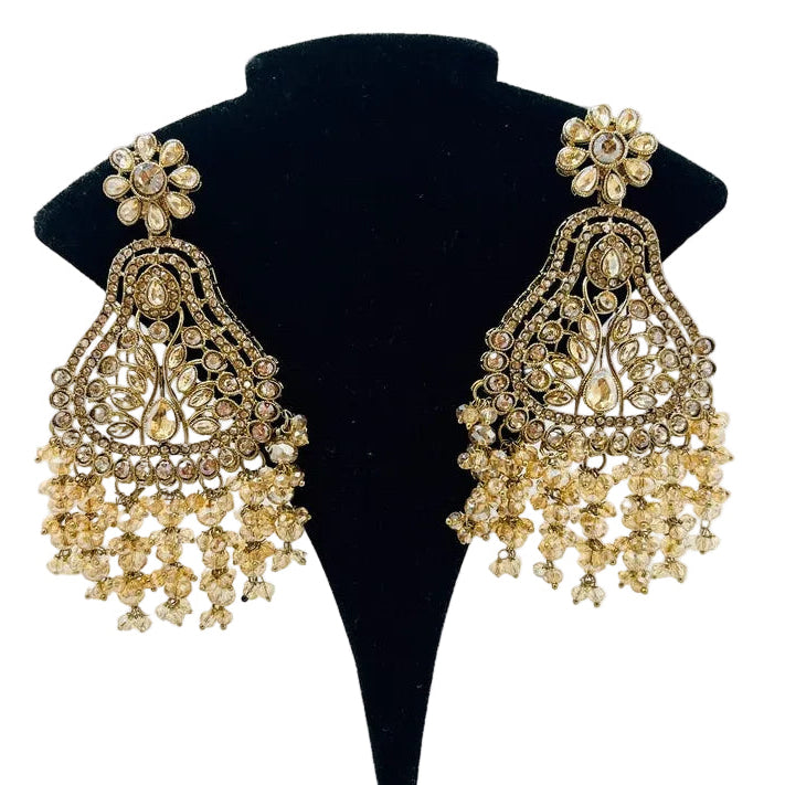 Gold Kundan Earrings With Ear Extensions & Pearls