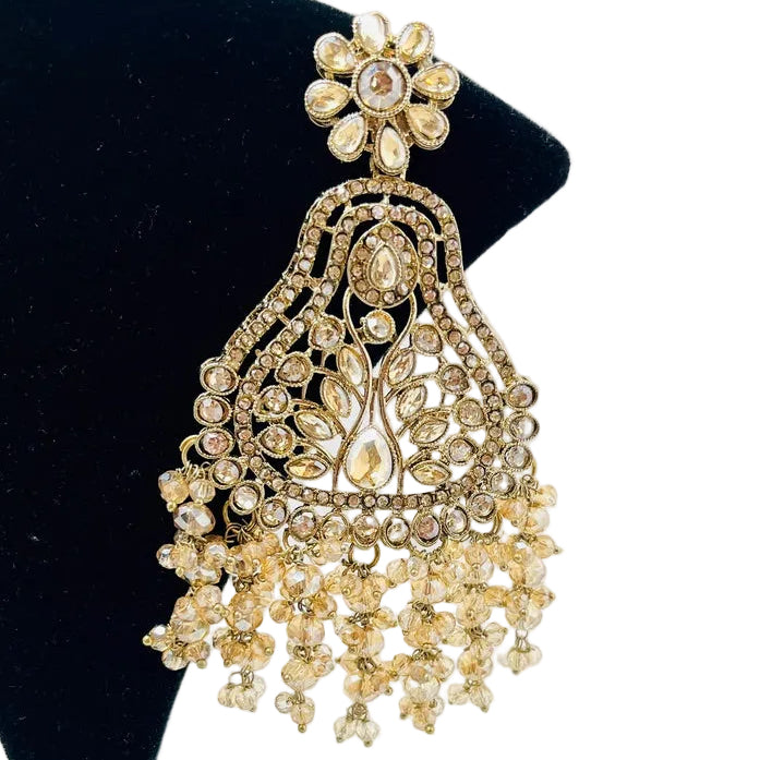 Gold Kundan Earrings With Ear Extensions & Pearls