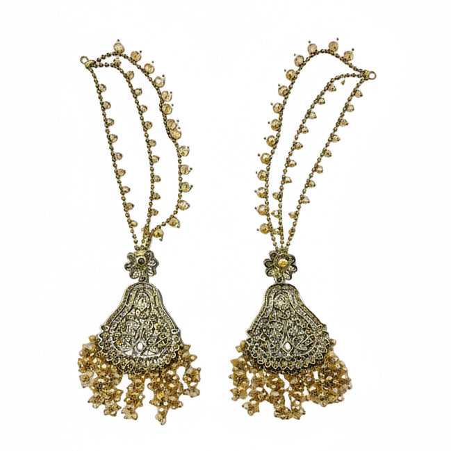 Gold Kundan Earrings With Ear Extensions & Pearls