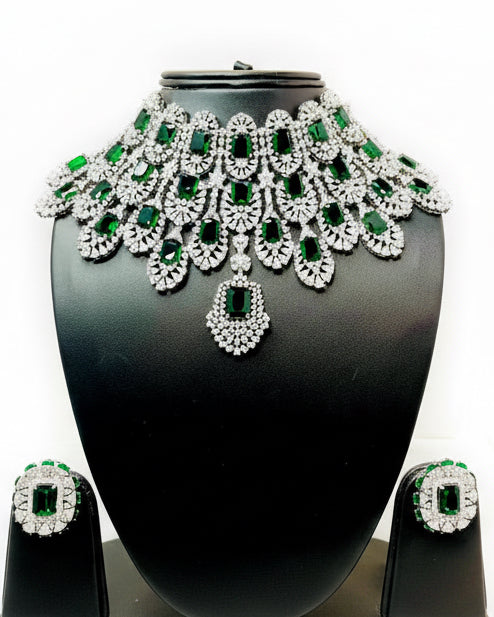 Green & White American Diamond Bridal Necklace Set