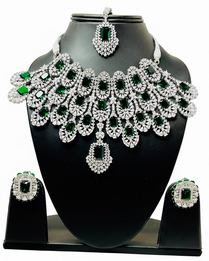 Green & White American Diamond Bridal Necklace Set