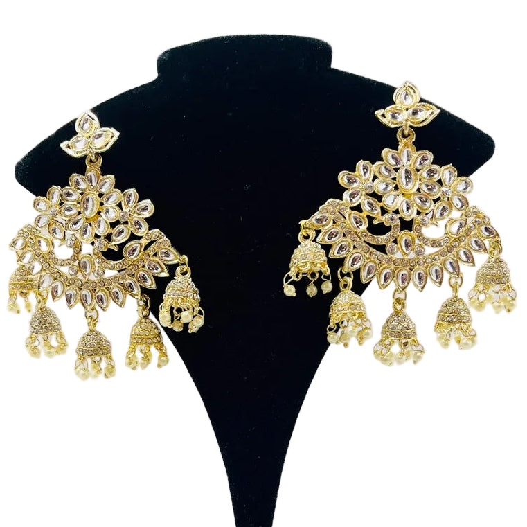 Gold Kundan Earrings With Ear Extensions