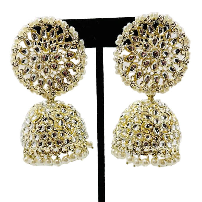 Gold-Plated.Pearl Kundan Jhumka Earrings