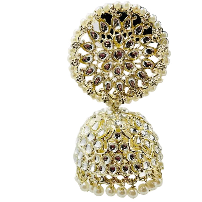 Gold-Plated.Pearl Kundan Jhumka Earrings