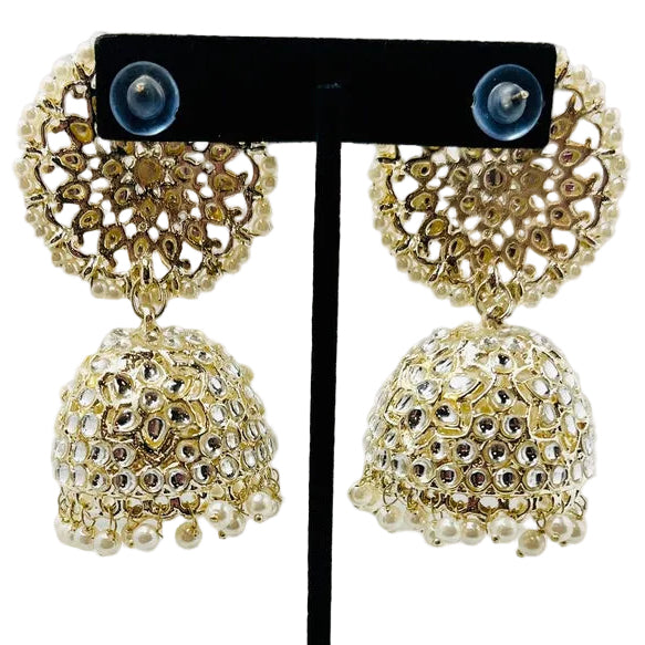Gold-Plated.Pearl Kundan Jhumka Earrings